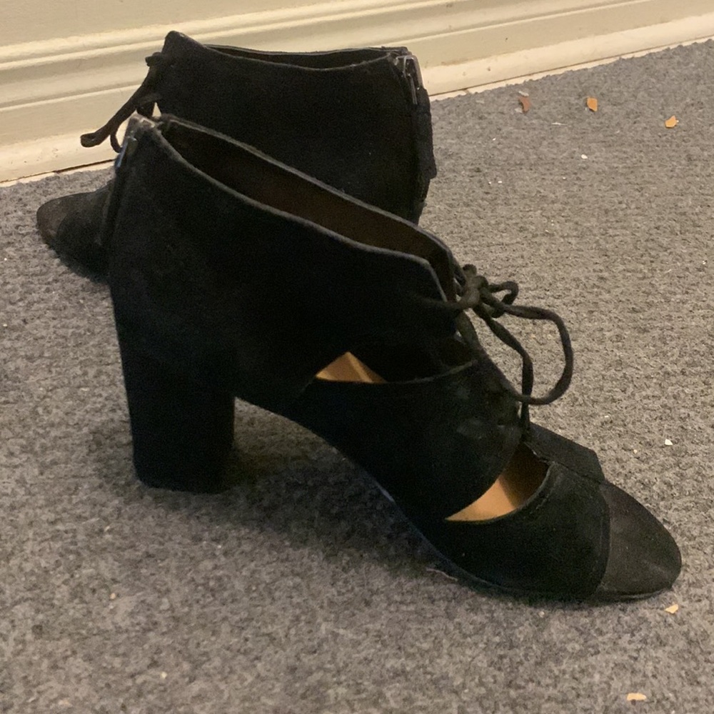 Franco Sarto Black Gazella Front Tie Leather Suede Open Toe Heels Size 7.5 NWOT